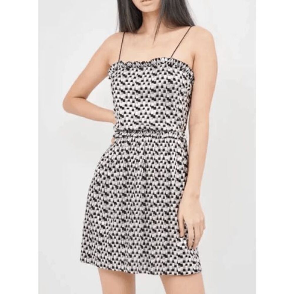 NWT ZARA Black and Silver Metallic Party Mini Dress Waist Ruffle Size Small